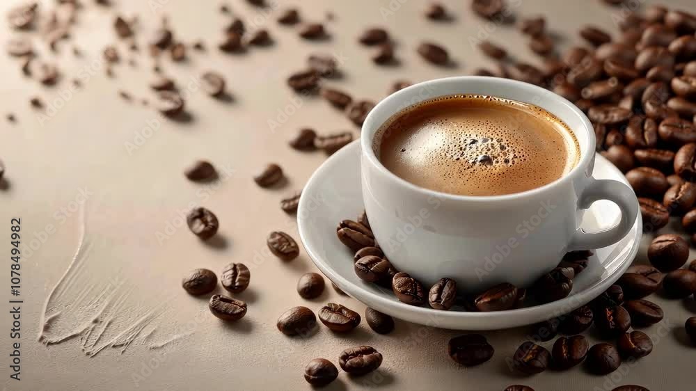 Aromatic Coffee Cup Surrounded by Coffee Beans on Wooden Table, Inviting Warm Beverage Perfect for Enjoying Morning Ritual or Office Break Aromatic Coffee Cup Surrounded by Coffee Beans on Wooden Table, Inviting Warm Beverage Perfect for Enjoying Morning Ritual or Office Break