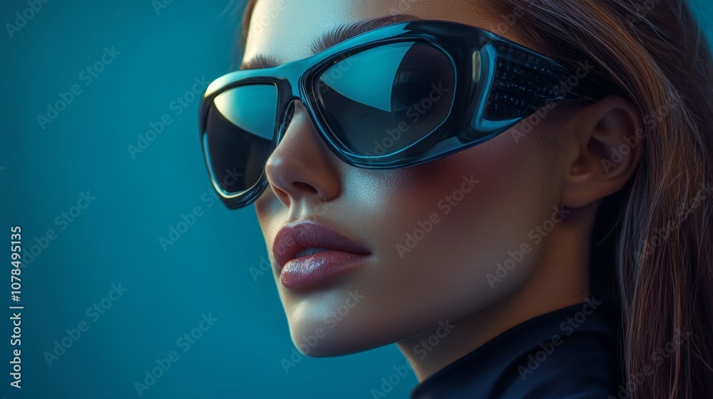 Side view of woman in sunglasses with cool blue lighting
