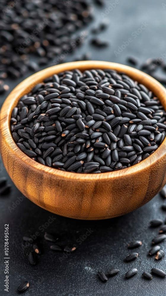 Black rice in a wooden bowl and scattered on a dark background Black rice in a wooden bowl and scattered on a dark background