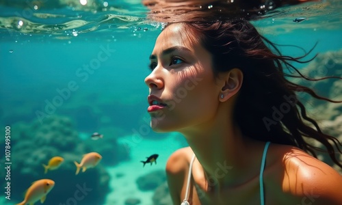 Woman swims underwater in coral sea or ocean