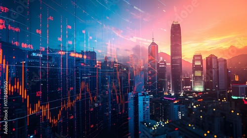 Wallpaper Mural Silhouettes of skyscrapers with superimposed stock market graphs AI generated illustration Torontodigital.ca