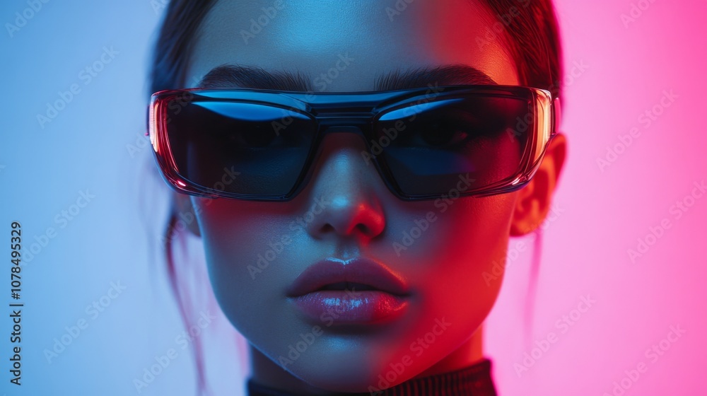 Stylish woman in red tinted glasses with blue neon light Stylish woman in red tinted glasses with blue neon light