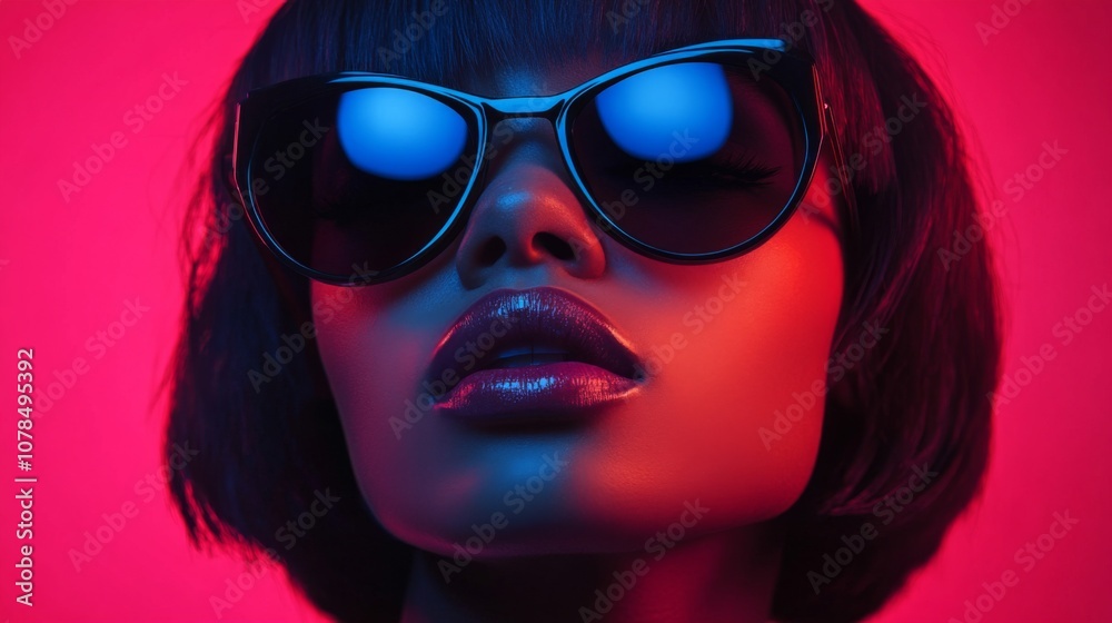 Portrait of woman in pink reflective sunglasses with neon background Portrait of woman in pink reflective sunglasses with neon background