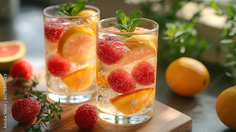 Refreshing fruit-infused drinks with raspberries and lemons. Refreshing fruit-infused drinks with raspberries and lemons.