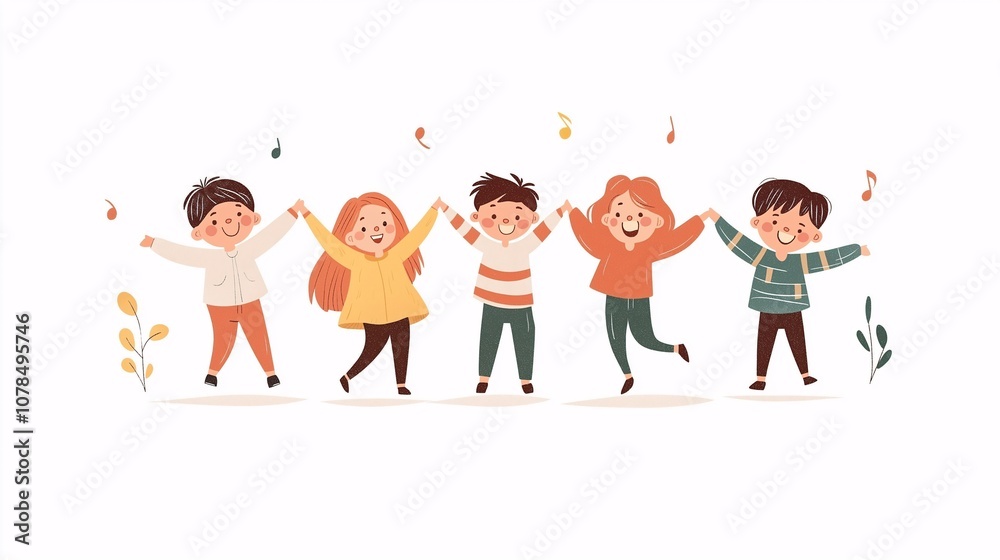 Cheerful Cartoon Children Enjoying Music Together in a Joyful Group Dance, Celebrating Friendship and Happiness in a Colorful and Fun Setting Cheerful Cartoon Children Enjoying Music Together in a Joyful Group Dance, Celebrating Friendship and Happiness in a Colorful and Fun Setting