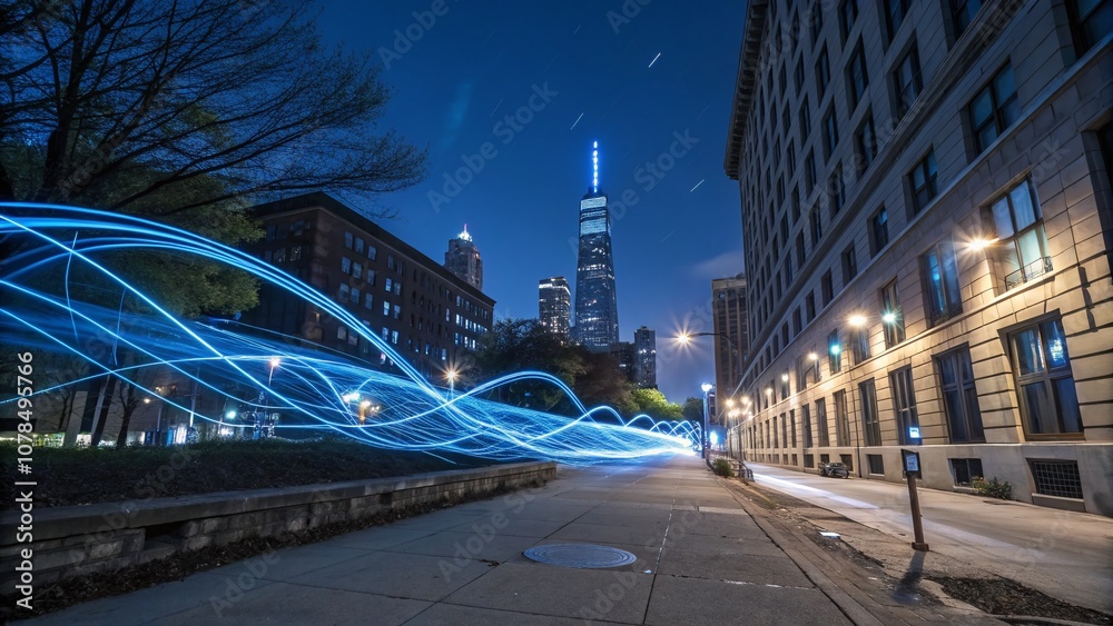 Fototapeta premium Dynamic blue light streaks illuminate urban landscapes, creating a futuristic digital atmosphere with an abstract vibe that captivates the essence of exploration and innovation.
