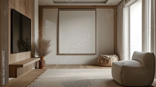 Simple room with an emphasis on the modest woodenframed movie poster as a piece of art AI generated illustration photo