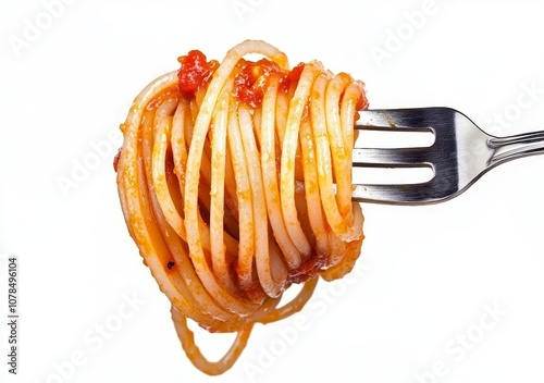 White background with a forkful of spaghetti in tomato sauce photo