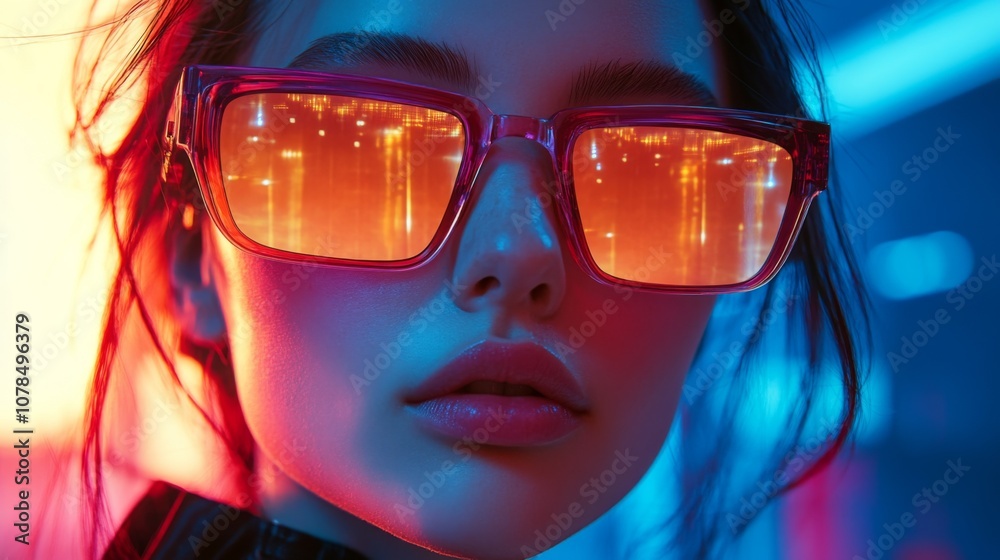 Close-up of woman in yellow reflective sunglasses in neon pink light Close-up of woman in yellow reflective sunglasses in neon pink light
