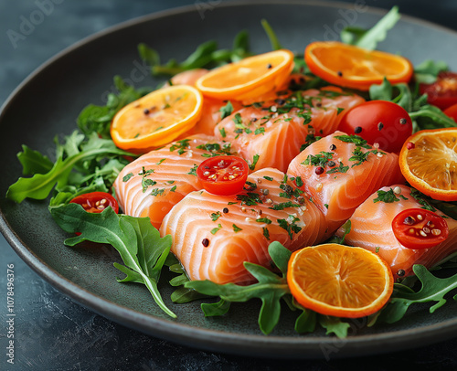 Smoked salmon with arugula salad, cherry tomato, and orange on a grey plate, perfect for fine dining photography.