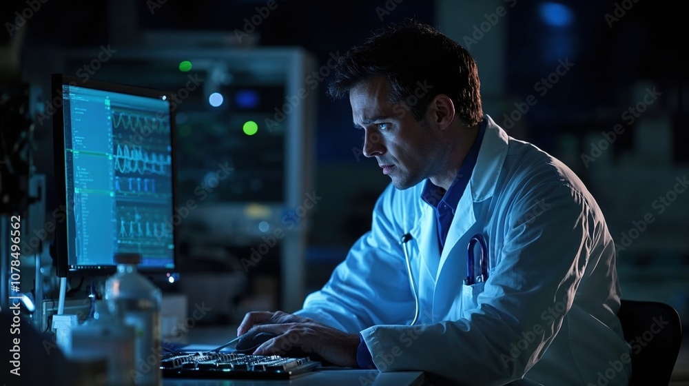 Medical professional in white coat working late at computer, illuminated by blue monitor light showing medical data/waveforms, creating dramatic lighting in dark hospital/lab setting