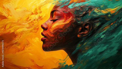 abstract portrait of a person, where the face is represented by swirling brushstrokes and splashes of bold, warm colors like crimson, ochre, and emerald, emotional intensity,