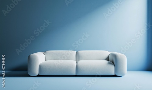 Modern white sofa against blue wall, minimalist design, soft texture, contemporary style, spacious room, natural light