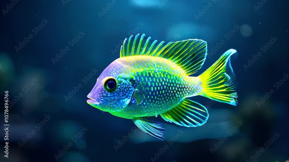 A brightly colored fish, featuring vibrant blue and yellow hues with intricate patterns, swimming against a blurred aquatic background.