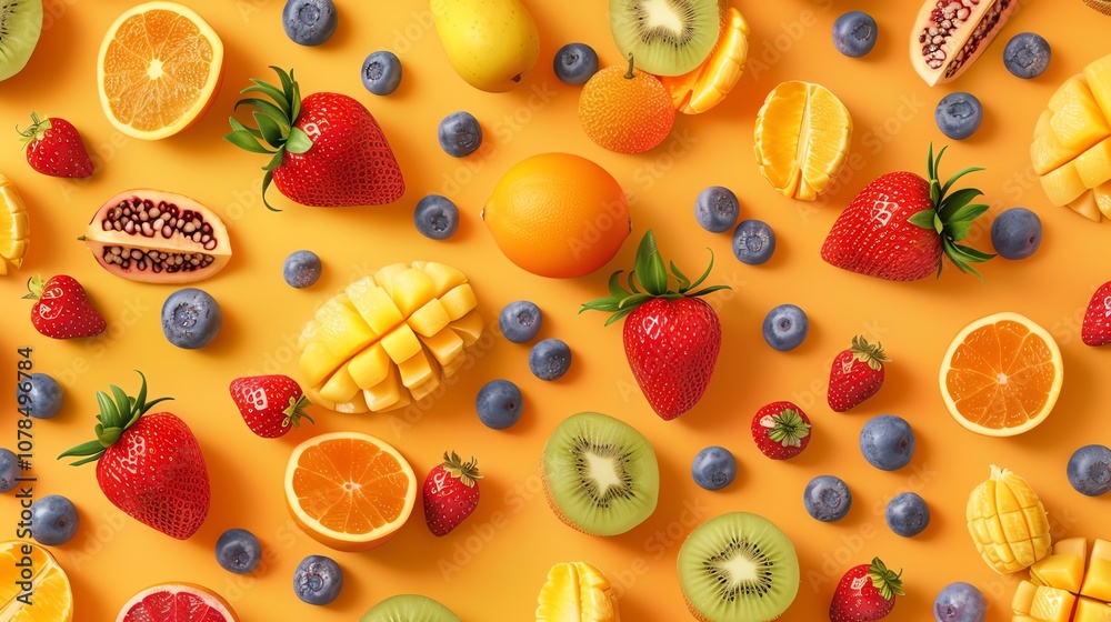 A flat lay of fresh fruit, including strawberries, oranges, blueberries, kiwi, and mango. A flat lay of fresh fruit, including strawberries, oranges, blueberries, kiwi, and mango.