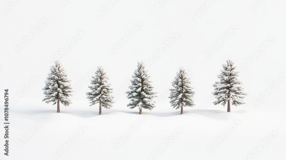 Obraz premium Five Snow-Covered Pine Trees in a Snowy Field