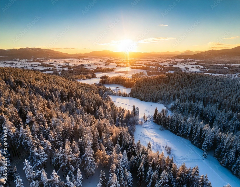 Picturesque winter panorama of mountain hills covered with snow and fir trees on a sunny clear day with the sun and blue sky. Pristine Nature Beauty Concept. Copyspace Picturesque winter panorama of mountain hills covered with snow and fir trees on a sunny clear day with the sun and blue sky. Pristine Nature Beauty Concept. Copyspace