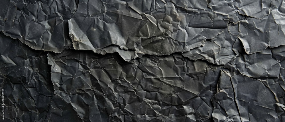 Close-up photo of crumpled black paper with wrinkles, tears, and faded look, creating an abstract, artistic feel. Paper's curled ends visible, adding to its unique look. Close-up photo of crumpled black paper with wrinkles, tears, and faded look, creating an abstract, artistic feel. Paper's curled ends visible, adding to its unique look.