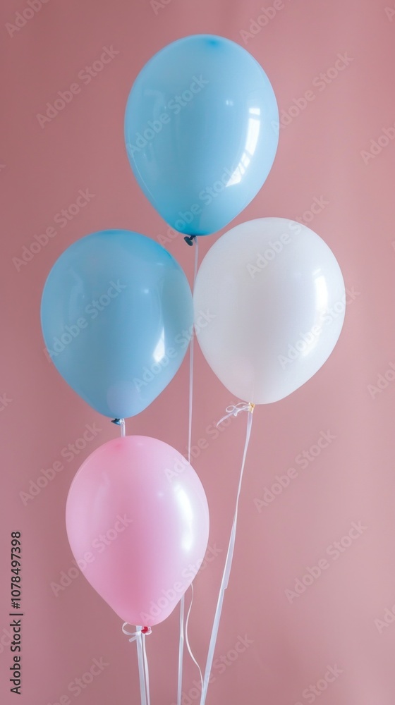 Four colorful balloons tied together on a light pink background, creating a joyful mood. Descriptions vary for the fourth balloon's color, highlighting perception differences. Four colorful balloons tied together on a light pink background, creating a joyful mood. Descriptions vary for the fourth balloon's color, highlighting perception differences.