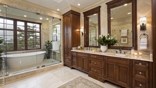 Elegant Bathroom with Wood Cabinets, Marble Countertops, and Spacious Glass Shower Featuring Luxurious Design Elements for Modern Home Decor