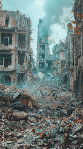 Image shows a ruined city street post violent event like war or quake. Debris, broken structures, smoking ruins evoke desolation and loss amidst blue sky. photo