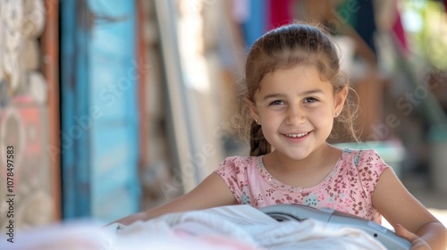 A girl in pink smiles at the camera while doing laundry at home.
