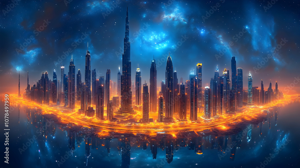 Night Cityscape with Skyscrapers and Stars Night Cityscape with Skyscrapers and Stars