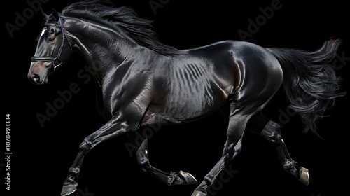 A powerful black horse runs with its mane and tail flowing in the wind, a beautiful image of grace and power.