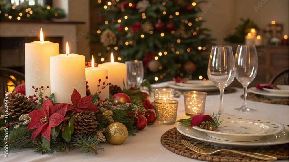 Elegant Christmas Table Setting with Burning Candles, Festive Decorations, and a Cozy Atmosphere for Holiday Gatherings, Emphasizing Double Exposure Photography Effects Elegant Christmas Table Setting with Burning Candles, Festive Decorations, and a Cozy Atmosphere for Holiday Gatherings, Emphasizing Double Exposure Photography Effects