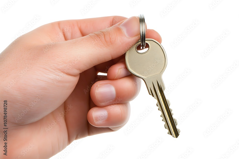 Hand holding a new house key isolated on white background Hand holding a new house key isolated on white background