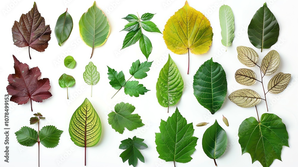 A flat lay of various leaves on a white background. A flat lay of various leaves on a white background.