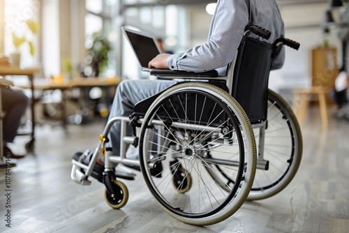 A person sits in a wheelchair, focused on a laptop, in a contemporary office environment filled with natural light. The setting is warm and inviting, promoting productivity photo