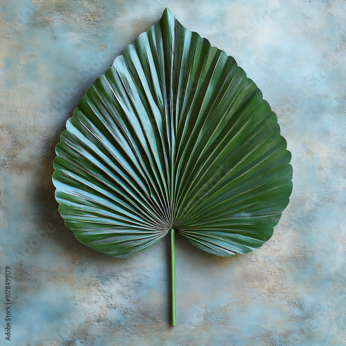 large, vibrant green Pritchardia palm leaf against textured blue background, showcasing its intricate patterns and natural beauty photo