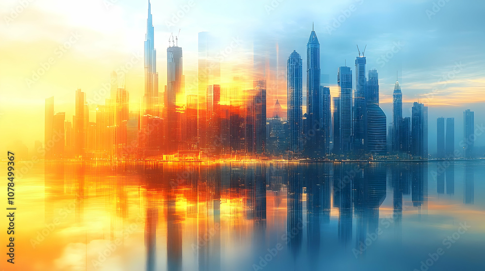 Cityscape with Reflection in Water, Illustration Cityscape with Reflection in Water, Illustration