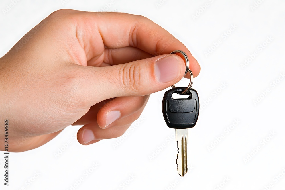 Hand holding a car key on white background Hand holding a car key on white background