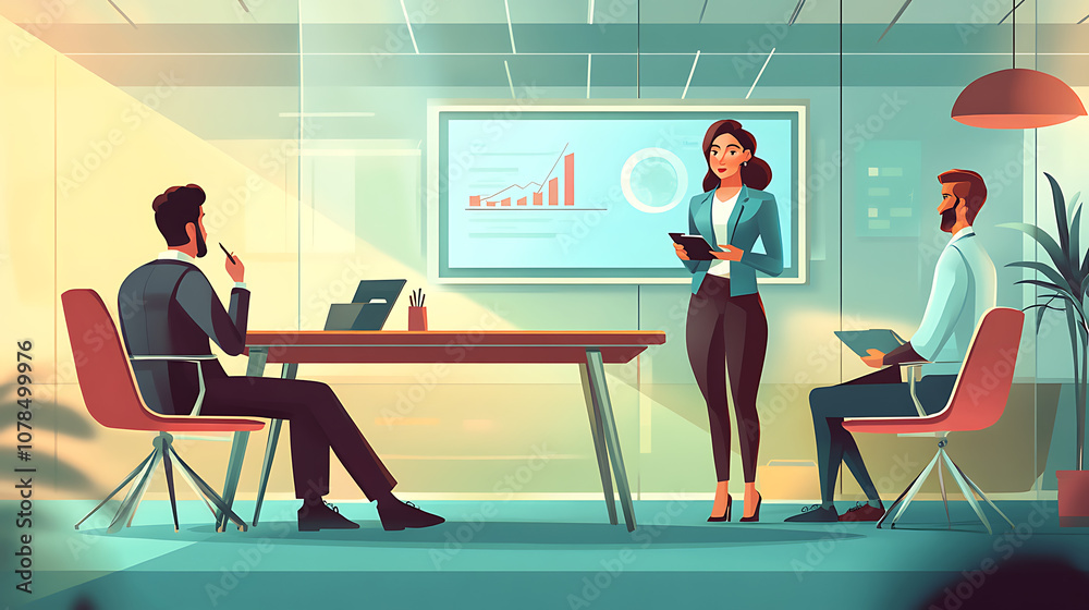 Professional female financial advisor presenting a financial strategy to her team member in a stylish conference room 