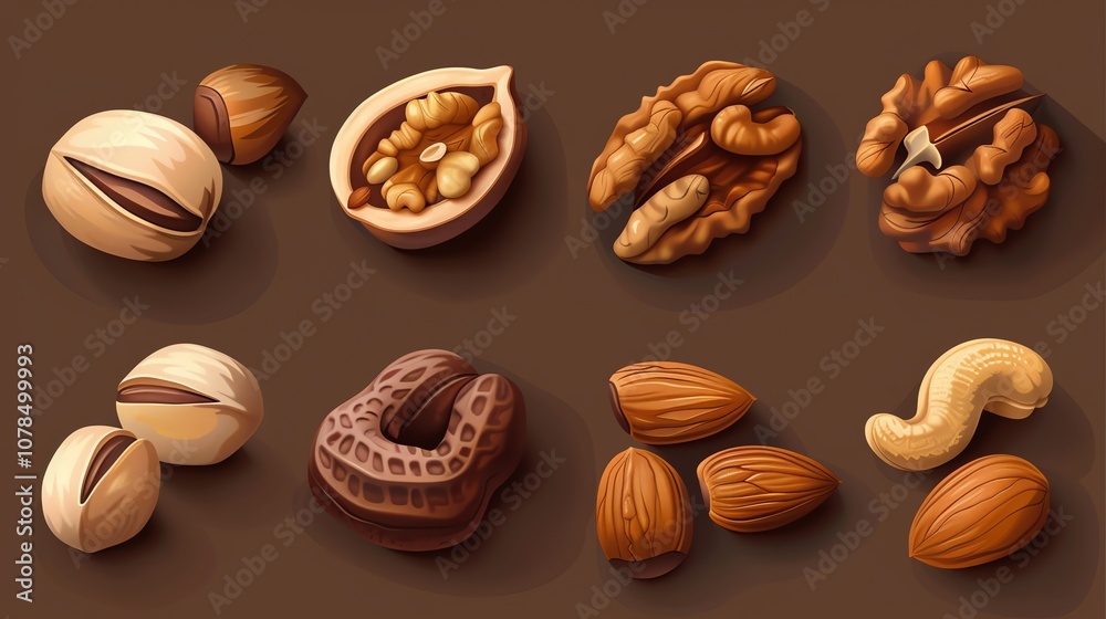Assortment of nuts isolated on brown background. Assortment of nuts isolated on brown background.