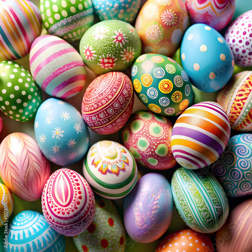 Easter eggs decorated in pastel and bright colors