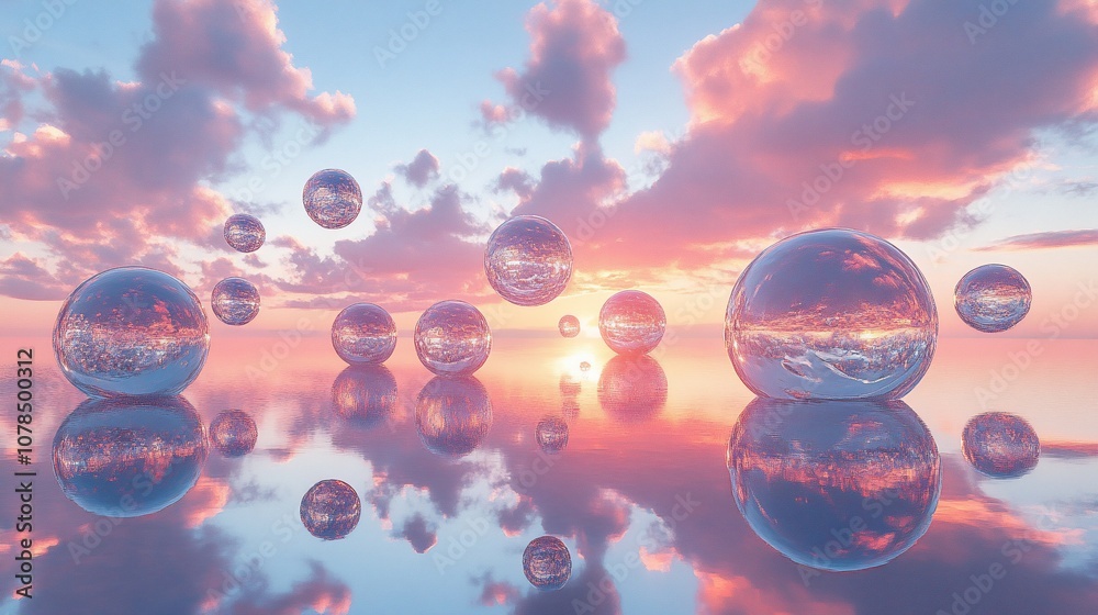 Reflective spheres floating above a calm body of water reflecting a pink sunset sky with clouds. Reflective spheres floating above a calm body of water reflecting a pink sunset sky with clouds.