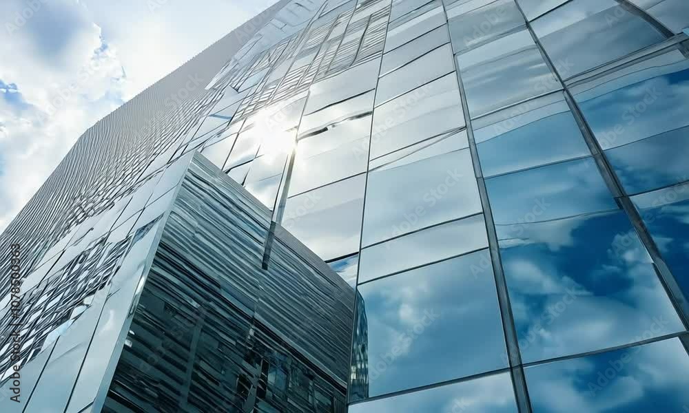 Clouds reflected in mirrored glass facade as it's being installed, artistic view.
Clouds reflected in mirrored glass facade as it's being installed, artistic view.