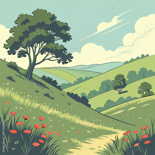 A picturesque illustration of a rolling green landscape with a winding path through a field of wildflowers. The scene is perfect for adding a touch of nature and serenity to your designs.