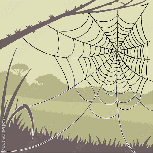 A detailed illustration of a spider web against a backdrop of a lush forest, perfect for adding a touch of mystery and intrigue to your designs.