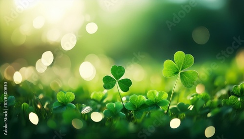 field of clovers with single shamrock isolated on soft focus bokeh saint patrickrs day background festive happy holidays st paddy s greeting card invitation promotion or banner backdrop 8k