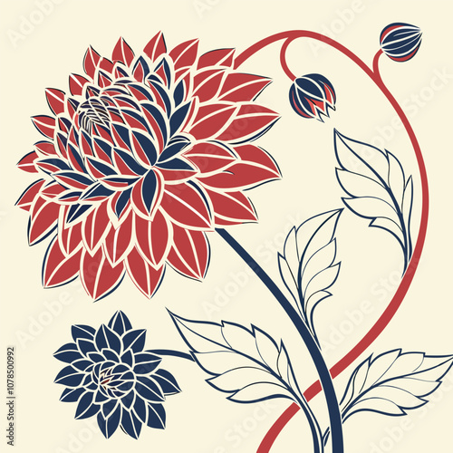 A beautiful illustration of a red and blue dahlia flower in bloom, with delicate leaves and a stem, perfect for adding a touch of elegance to your designs.