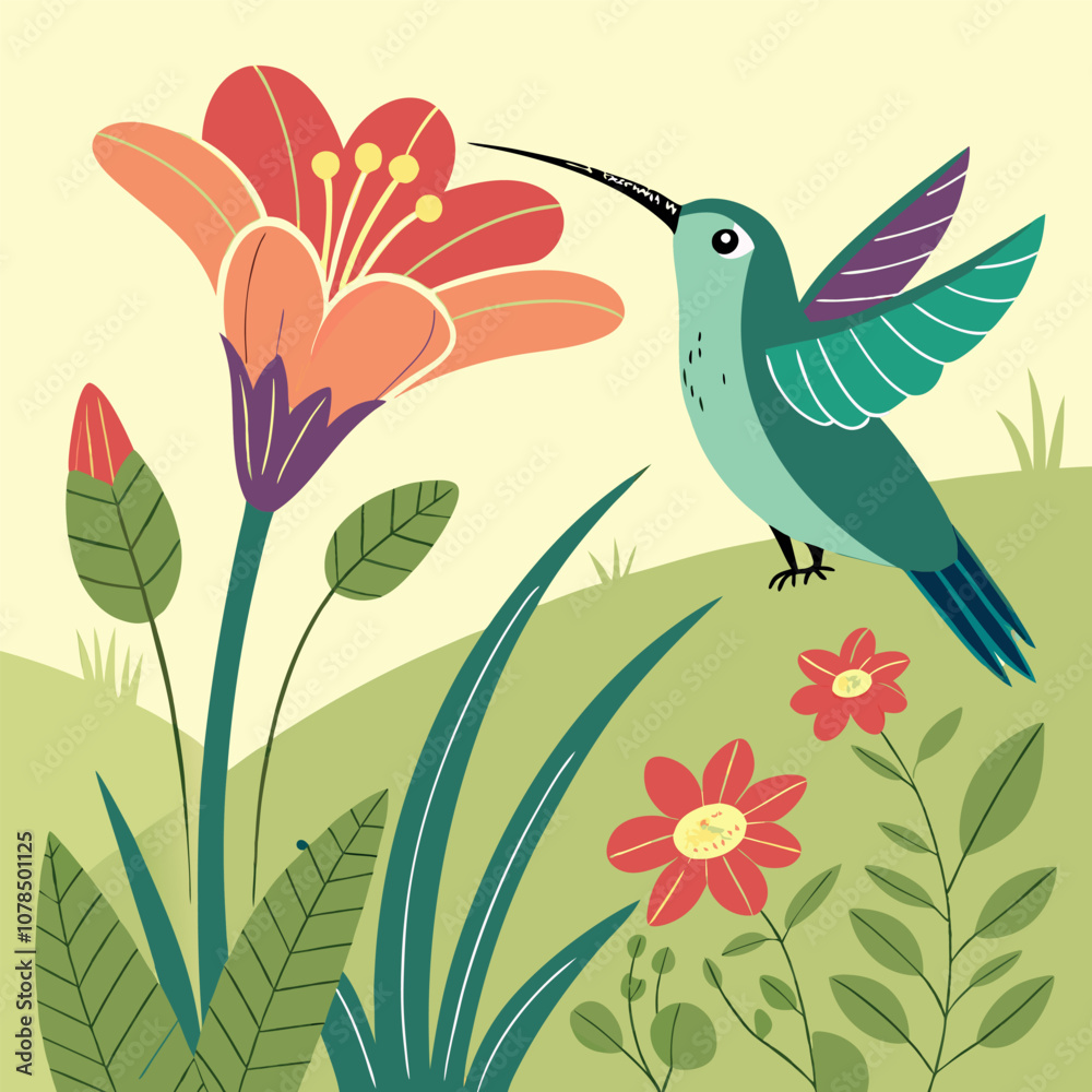 Obraz premium A vibrant illustration of a hummingbird hovering near a blooming flower, surrounded by lush greenery. The colorful design is perfect for adding a touch of nature to your projects.