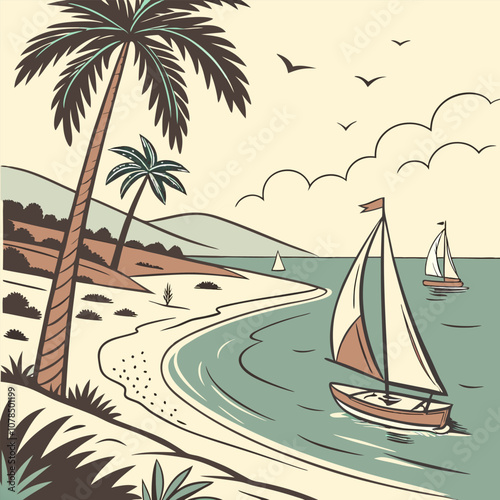 A vintage illustration depicting a serene beach scene with palm trees, a curved shoreline, and sailboats gliding across the turquoise water.