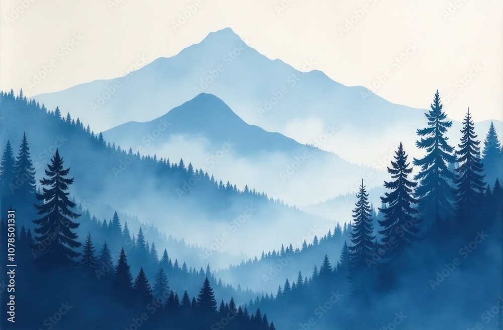 Obraz premium Misty blue mountains rise above tall evergreen trees in a serene early morning atmosphere.