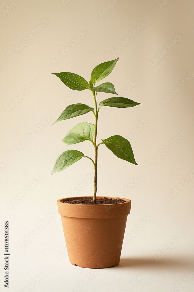 A small potted plant, simple and minimalist in style, with green leaves on the pot, solid color background. A small potted plant, simple and minimalist in style, with green leaves on the pot, solid color background.