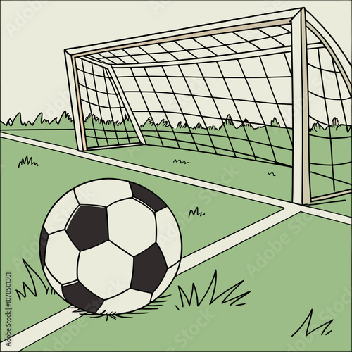 A simple cartoon illustration of a soccer ball resting on a soccer field, next to the goal. This image is perfect for use in children's books, educational materials.