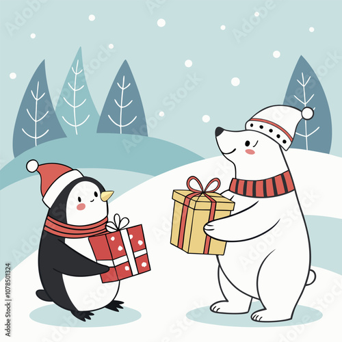 A cute penguin and polar bear exchange gifts in a snowy winter wonderland, perfect for greeting cards, social media posts, or holiday decorations.
